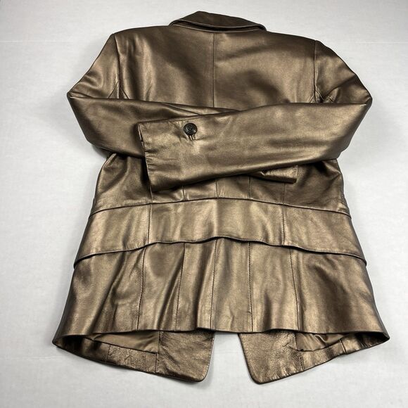 Etcetera Genuine Leather Jacket Metallic Bronze Retro Glam Peplum Blazer Size 8 - Picture 10 of 11